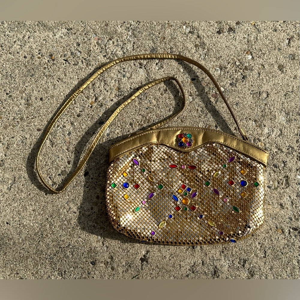 Vintage Sparkly Gold Metal Mesh Colorful Jeweled Jewels Gems Bedazzled Bag Purse